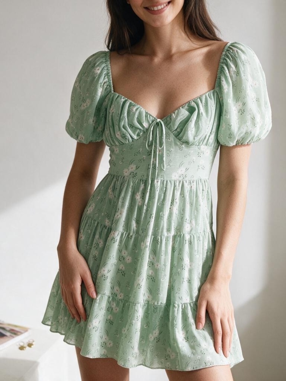 Princess Polly Mint Green Daisy Print Floral Puff Sleeve Dress Size 2